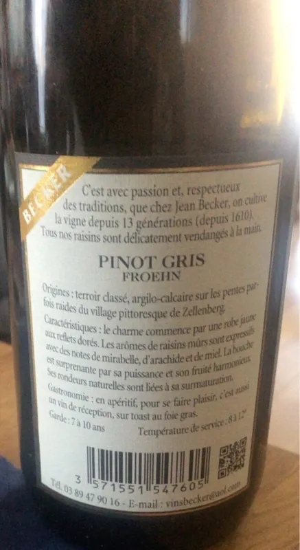 Étiquette du vin Alsace Grand Cru Froehn
